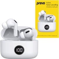 White PREVO M10 earbuds with touch control, digital LED display, in wireless charging case, compatible with Android, iOS, Windows.