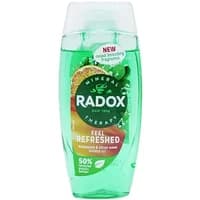 Radox Feel Refreshed Shower Gel 225ml, green bottle with citrus and eucalyptus imagery, clear flip-top cap.