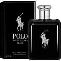 Black Ralph Lauren Polo Black Eau De Toilette bottle with silver cap and polo player logo, 125ml.