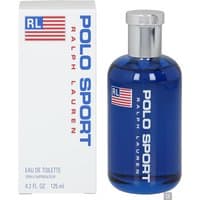 Blue Ralph Lauren Polo Sport Eau de Toilette bottle with silver cap, next to white box with blue and red text.