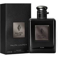 Black Ralph Lauren Ralph's Club Elixir 75ml bottle with silver cap, embossed logo, and matching black box.