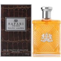 Amber Ralph Lauren Safari Men Eau De Toilette bottle with silver cap and textured design, 125 ml box beside it.
