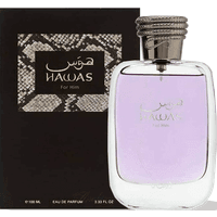 Clear glass bottle with purple perfume, silver cap, and black box with snake pattern, labeled "Rasasi Hawas Eau De Parfum."