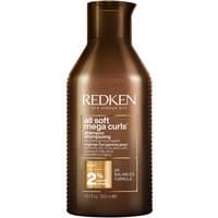 Redken All Soft Mega Curl Shampoo 300ml in a brown bottle with gold text and flip-top cap.