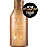 Gold bottle of Redken All Soft Shampoo 500ml with black cap and label, highlighting "66% more inside".