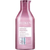 Pink Redken Volume Injection Conditioner bottle, 300ml, with white label and silver accents.