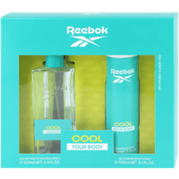 Reebok Cool Your Body Gift Set with turquoise perfume bottle and matching body spray in teal packaging.