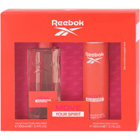 Reebok Move Your Spirit Gift Set for Women, includes pink perfume bottle and deodorant in red packaging.