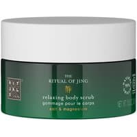 Green Rituals Jing Relaxing Body Scrub jar with white lid, 300g, featuring minimalist design and gold logo.