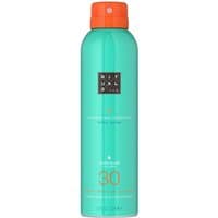 Turquoise Rituals Karma Sun Protection Milky Spray SPF30 bottle with orange cap and white text.