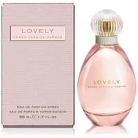 "Lovely Eau De Parfum 50ml by Sarah Jessica Parker, pink oval bottle with gold cap, next to matching pink box."