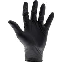 Black heavy-duty nitrile disposable glove with textured surface and snug fit, designed for durability and protection.