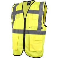 Yellow Scan Hi Vis Utility Waistcoat with reflective stripes, multiple pockets, and front zipper closure.