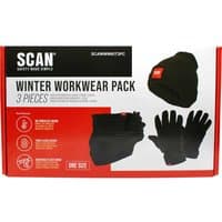 Black Scan Winter Workwear Pack with beanie, gloves, and neck warmer, red and white packaging.