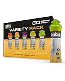Variety pack of Science In Sport GO Isotonic Energy Gels, 7 assorted flavors, silver and colored packaging, 60ml each.