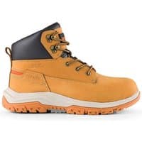 Tan Scruffs Ridge safety boots, size 8/42, with black padded collar, metal eyelets, and rugged orange sole.
