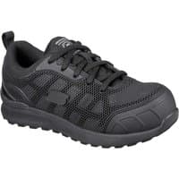 Black Skechers Bulklin Ayak women's safety shoes with mesh upper, lace-up design, and reinforced toe.