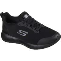 Black Skechers Work Ladies Squad Shoe with lace-up design, slip-resistant sole, and silver logo on the side.