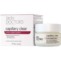Skin Doctors Capillary Clear 50ml jar with white lid, next to white box with red accents and product details.