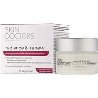 Skin Doctors Radiance & Renew 50ml jar with white lid, next to a white box with purple accents.