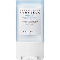 White and blue Skin1004 Hyalu-Cica Silky-Fit Sun Stick with clear cap and minimalist design.