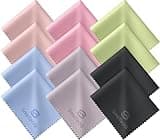 Assorted colored microfiber cleaning cloths, 12 pack, 15x18cm, for lenses and screens, featuring SmoTecQ logo.