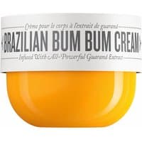 Yellow jar of Sol De Janeiro Brazilian Bum Bum Cream with white lid and bold gray text.