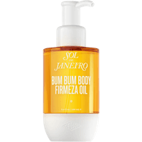 Yellow Sol de Janeiro Bum Bum Body Firmeza Oil in a clear pump bottle with white base, 100 ml capacity.