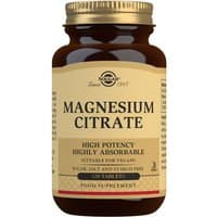 Brown bottle of Solgar Magnesium Citrate Tablets, gold cap, beige label with black text, pack of 120.