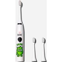 White kids' electric toothbrush with a green monster design, includes two extra brush heads.