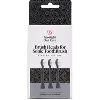 Graphite grey Spotlight Oral Care sonic toothbrush head replacements in sleek black packaging with geometric pattern.