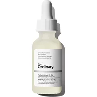 Clear glass bottle with white dropper cap, labeled "The Ordinary Hyaluronic Acid 2% + B5" in black and gray text.