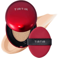 Red TIRTIR cushion foundation compact with applicator, shade #21N Ivory Sand, on a beige foundation smear.