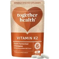 Together Health Vitamin K2 Vegicaps in brown pouch with heart logo, 30 capsules visible at bottom.