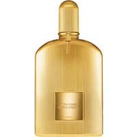 Gold ribbed bottle of Tom Ford Black Orchid Parfum, 100 ml, with rounded cap and embossed label.