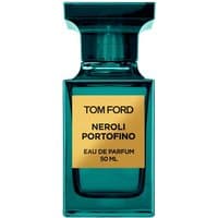 Teal glass bottle of Tom Ford Neroli Portofino Eau de Parfum with gold label, 50 ml size.