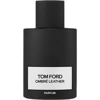 Black cylindrical Tom Ford Ombre Leather Parfum bottle with white label and bold black text, 100 ml size.