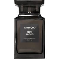 Black Tom Ford Oud Wood Eau de Parfum bottle, rectangular with a wide cap, featuring a sleek, minimalist label.