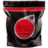 Torq Recovery Drink 1.5kg, black and red pouch, strawberries and cream flavor, bold red circle design.