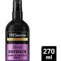 Black TRESemme Heat Defence Spray bottle, 270 ml, with purple label and black spray nozzle.