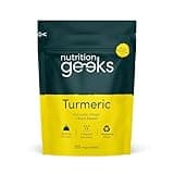 Turmeric Tablets by Nutrition Geeks in yellow and dark green pouch, labeled 2000mg with Black Pepper & Ginger, 120 count.
