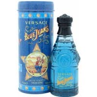 Versace Blue Jeans Eau de Toilette 75ml, blue bottle with embossed design, matching decorative tin packaging.