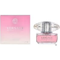 Versace Bright Crystal 50ml bottle with pink liquid, clear faceted cap, and matching pink box.