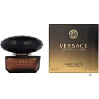 Versace Crystal Noir Eau de Toilette 50ml with faceted black cap, amber bottle, and gold-accented packaging.