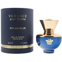 Versace Dylan Blue Pour Femme 50ml, blue and gold bottle with Medusa emblem, matching cylindrical box.