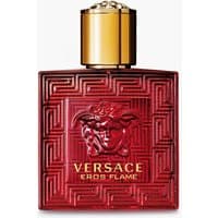 Red Versace Eros Flame perfume bottle with gold cap and Medusa logo, 50ml size.