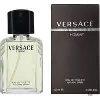 Versace L'Homme Eau de Toilette 100ml, clear glass bottle with black cap, next to black box packaging.