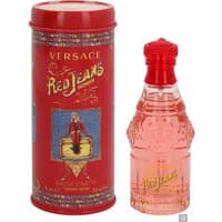 Versace Red Jeans Eau de Toilette 75ml, red bottle with ornate design, matching red cylindrical box.