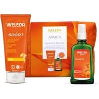 Weleda Arnica Sports Bag Gift Set with orange tube, green bottle, and orange bag packaging.