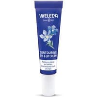 Weleda blue tube of contouring eye and lip cream with white cap and floral design, 10ml.